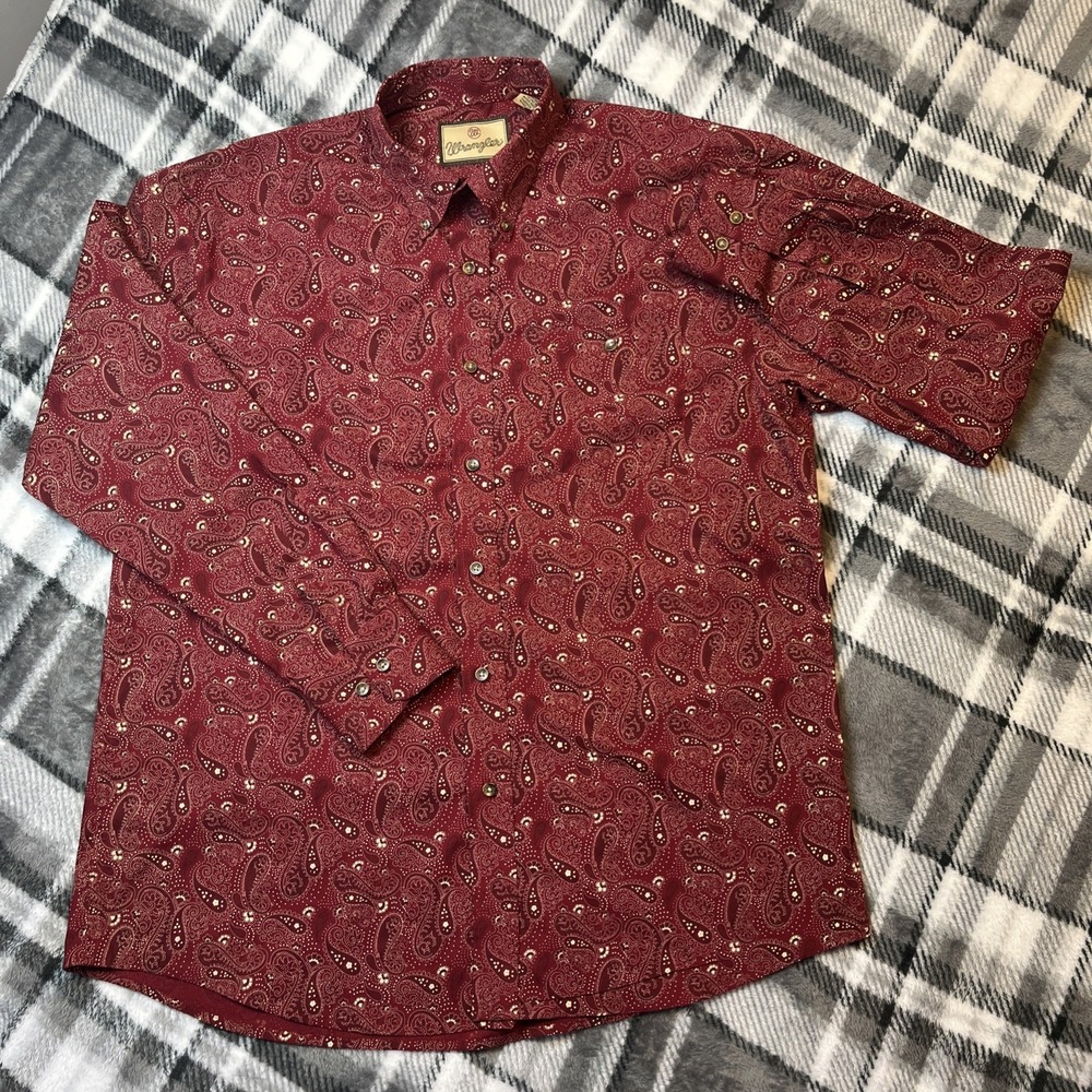 Wrangler Shirt Mens L Red Paisley Button Casual Long Slv Western Retro‎ Wrancher